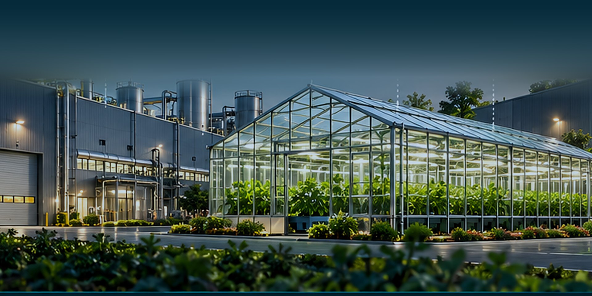 Industrial site with greenhouses and warehousing at dusk